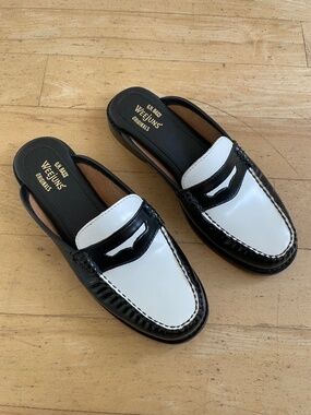 G.H. Bass Weejuns Black & White Saddle Loafer Mules / Slides Size 6.5